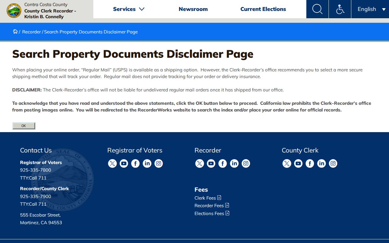 Contra Costa County people search recorder search disclaimer page