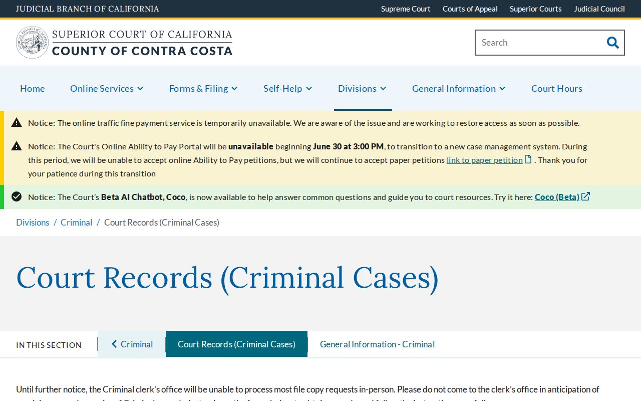 Contra Costa County public records criminal court records request page
