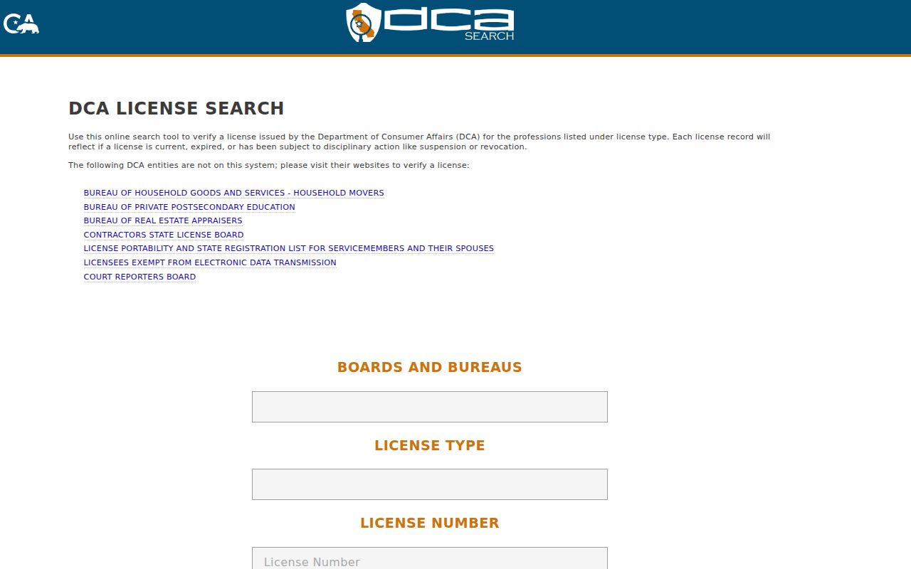 Contra Costa County public records DCA license search interface