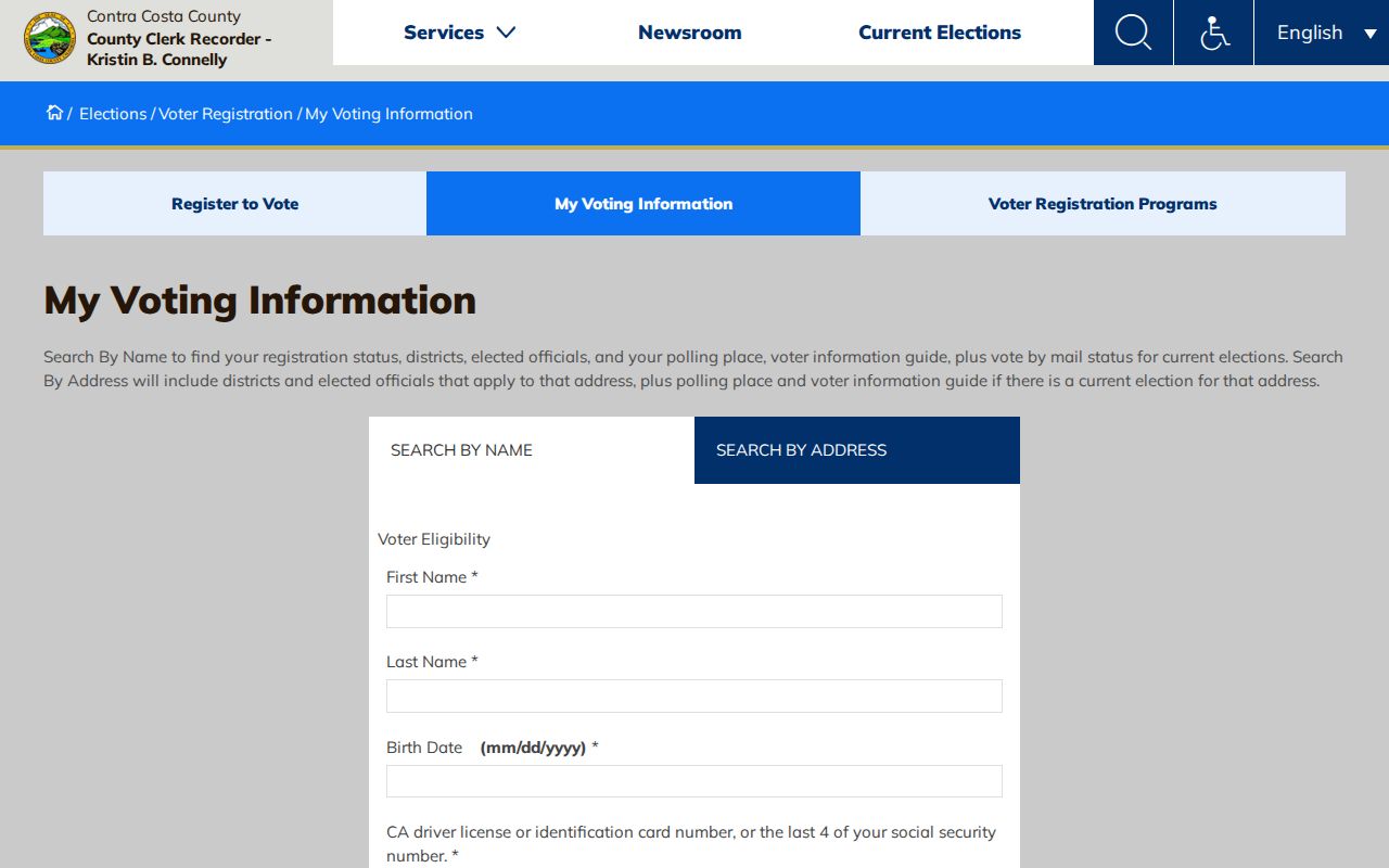 Contra Costa County voter registration records lookup page for My Voting Information