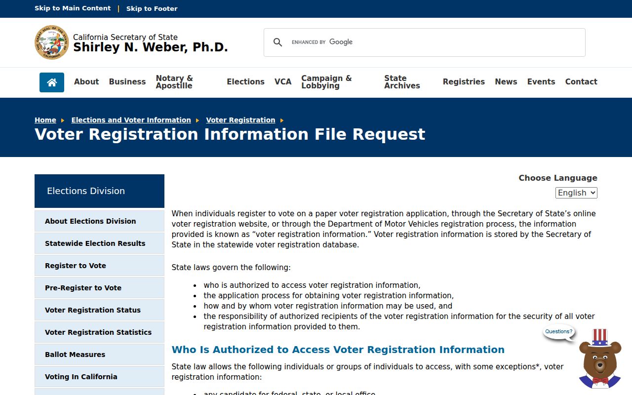California Secretary of State voter file request page for Contra Costa County voter registration records